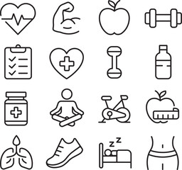 Health and Wellness Icon Set – Minimalist Line Style (16 Icons)