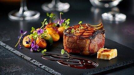 Bison steak presentation displaying gourmet thick-cut steak with crosshatch grill marks garnished with microgreens and red wine reduction sauce on black slate