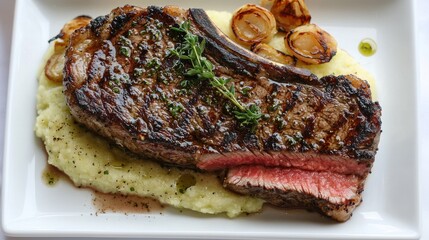 Baseball cut steak perfectly seared and sliced showing medium-rare interior on creamy mashed potatoes with caramelized onions