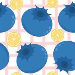 Cute abstract hand drawn seamless vector pattern illustration with blueberries and lemons on checkered background
