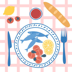 cute hand drawn summer italian traditional food sardine wit tomatoes, lemons, bread and glass of wine top view flat vector illustration