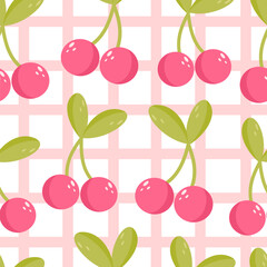 Cute abstract hand drawn seamless vector pattern illustration with pink cherries and green leaves on checkered background	