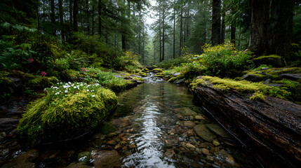 Obraz premium A stream of water runs through a forest with moss growing on a log