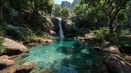 Secluded Waterfall Plunge Pool with Lush Vegetation in Forest Landscape
