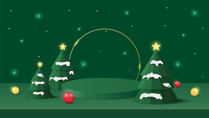Podium Christmas. Green podium for product display presentation with christmas tree, ball, bright star and ornament on the stage. Merry christmas banner