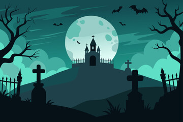 Spooky Halloween night with a scary cemetery, haunted house, silhouetted trees, bats, and a full moon