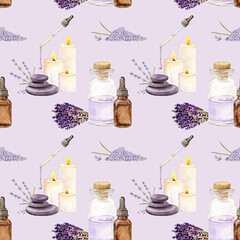 Watercolor seamless pattern with bottles with different essential oil, aroma stones and bouquet with lavender, pipette and candles