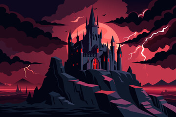 Spooky Halloween night landscape with a haunted castle silhouette under a full moon, featuring bats and a lone, gnarled tree illustration