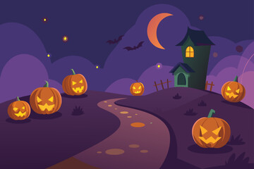 Fototapeta premium Spooky Halloween night background with pumpkins, bats, and a dark tree silhouette