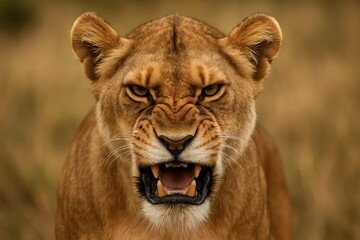 A fierce lioness stands guard over her territory with a roar that echoes through the savanna