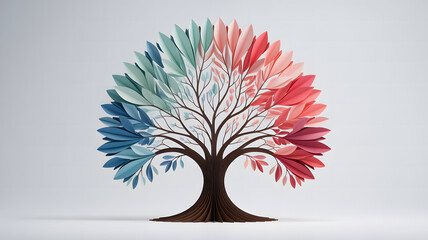 Abstract tree with colorful paper leaves in blue and red spectrum on a white background