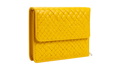Closed yellow woven wallet isolated on transparent background, perfect for fashion and accessory projects isolated on solid white background Png form