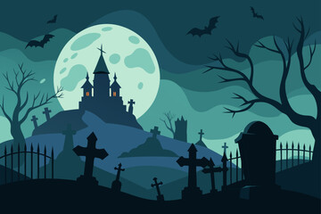 Spooky Halloween night with bats, a haunted house, and a dark, silhouetted tree against an autumn moonlit sky, perfect for a horror holiday illustration