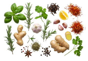Isolated Background Fresh Culinary Spices with Basil Rosemary Ginger