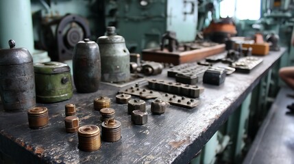 Various Metal Objects Arranged on Workbench