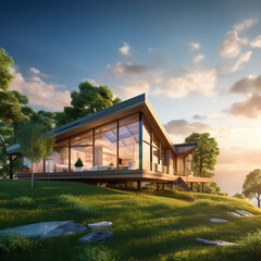 Spring nature with green grass and trees, modern eco-friendly