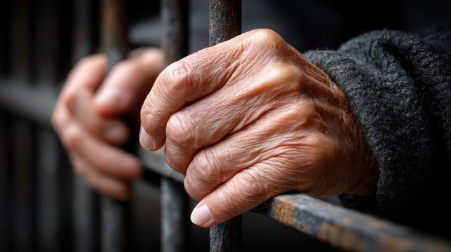 elderly hand gripping cold prison bars tightly, weathered skin detail, faint light filtering through bars onto face shadow