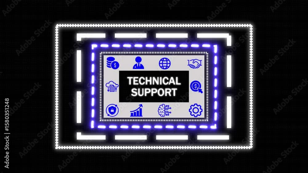 Poster a technical support button, network icon ,blue holographic advanced rectangle platform glowing dots 