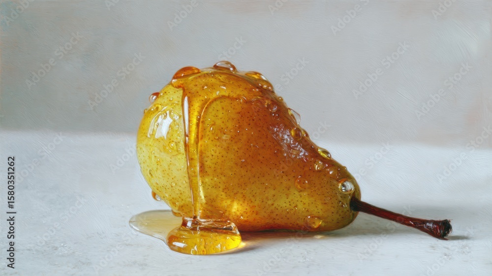 Poster hyperrealistic pear with honey dripping against a light background