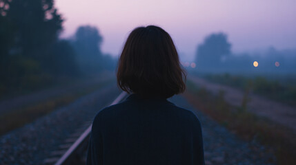Fototapeta premium A Serene Journey Through Fog: A Contemplative Figure on an Empty Railway at Dawn Reflecting on Life's Transformative Moments