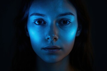 A young woman's face illuminated by a soft blue light against a dark backdrop