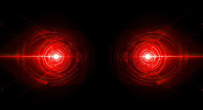 Intense Red Cybernetic Eyes: Futuristic Technology with Glowing Lenses on Black Background