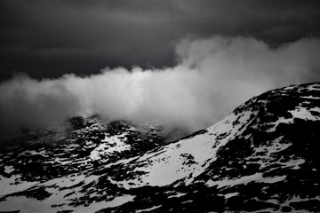 Black and white landscape mountains over north sweden