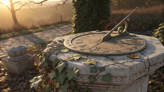 Weathered sundial adorns a stone pedestal with climbing ivy in a serene landscape at dawn or dusk, providing a sense of timelessness.