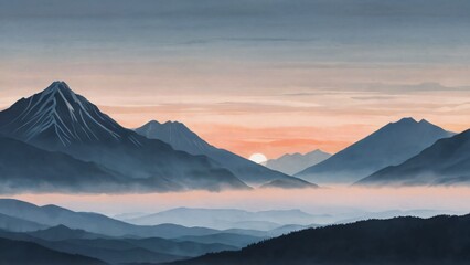 Fototapeta premium A solitary sun emerges from behind misty blue mountains, painting the sky with warm, soft colors