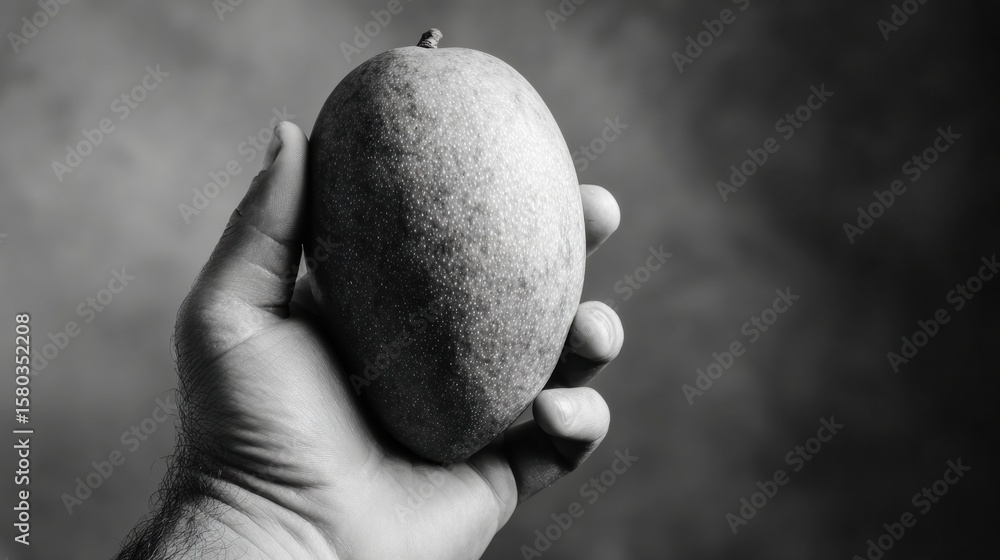 Poster hand holds ripe mango against a monochrome background featuring a textured setting in a kitchen or s