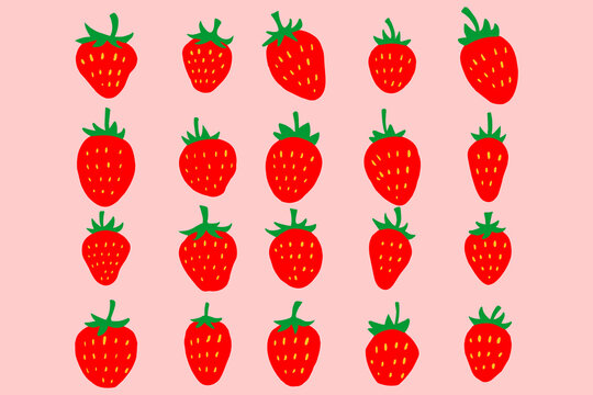 Flat vector set of 20 strawberry illustrations in clean minimalist style. Features whole and sliced fruits with leaves on soft pink background. Perfect for fun and fresh designs.