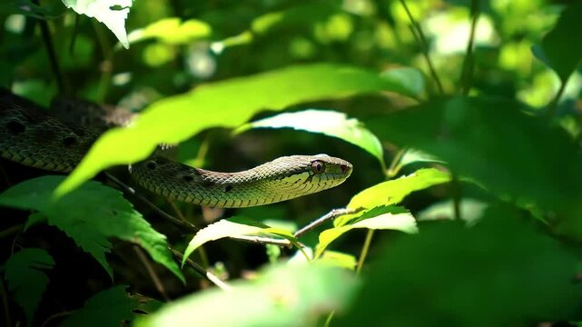 Close-up of a snake in a lush green forest