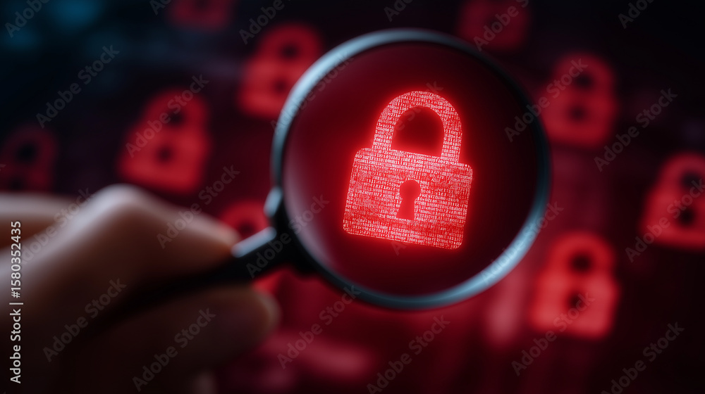 Poster inspecting security locks with magnifying glass in cybersecurity background