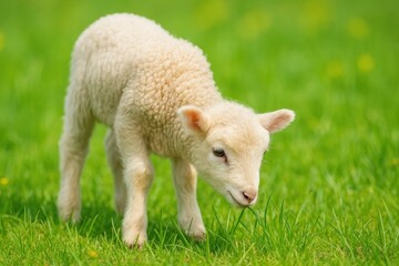 Obraz premium A young lamb grazes peacefully in a lush green field