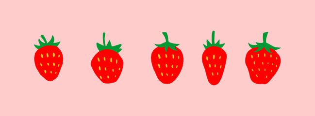 Set of 5 flat design strawberry illustrations on pink backdrop. Features simple, modern depictions of whole and sliced berries with green leaves.