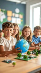 Fototapeta premium Smiling children in a classroom, holding a globe and environmental models