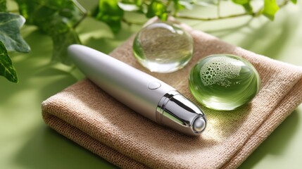 Ultrasonic Skincare Device on Eco-Fiber Mat with Soap Film Reflections and Green Tone Shadow

