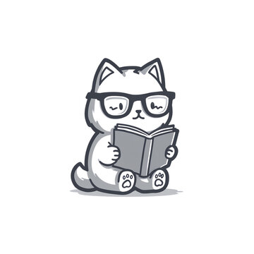 Cute cat reading a book with glasses.