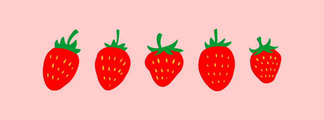 Flat vector illustration of 5 strawberries in one canvas with pink background. Features whole and sliced fruits in simple modern style, perfect for sweet and fresh-themed designs.
