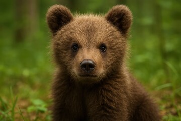 Fototapeta premium A young bear cub gazes directly into the camera lens, its curious eyes reflecting a sense of wonder in the heart of the forest