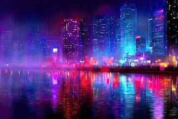 Fototapeta premium Neon cityscape reflected in a river at night. Vivid colors illuminate skyscrapers, creating a vibrant, futuristic cityscape, with reflections in the still water