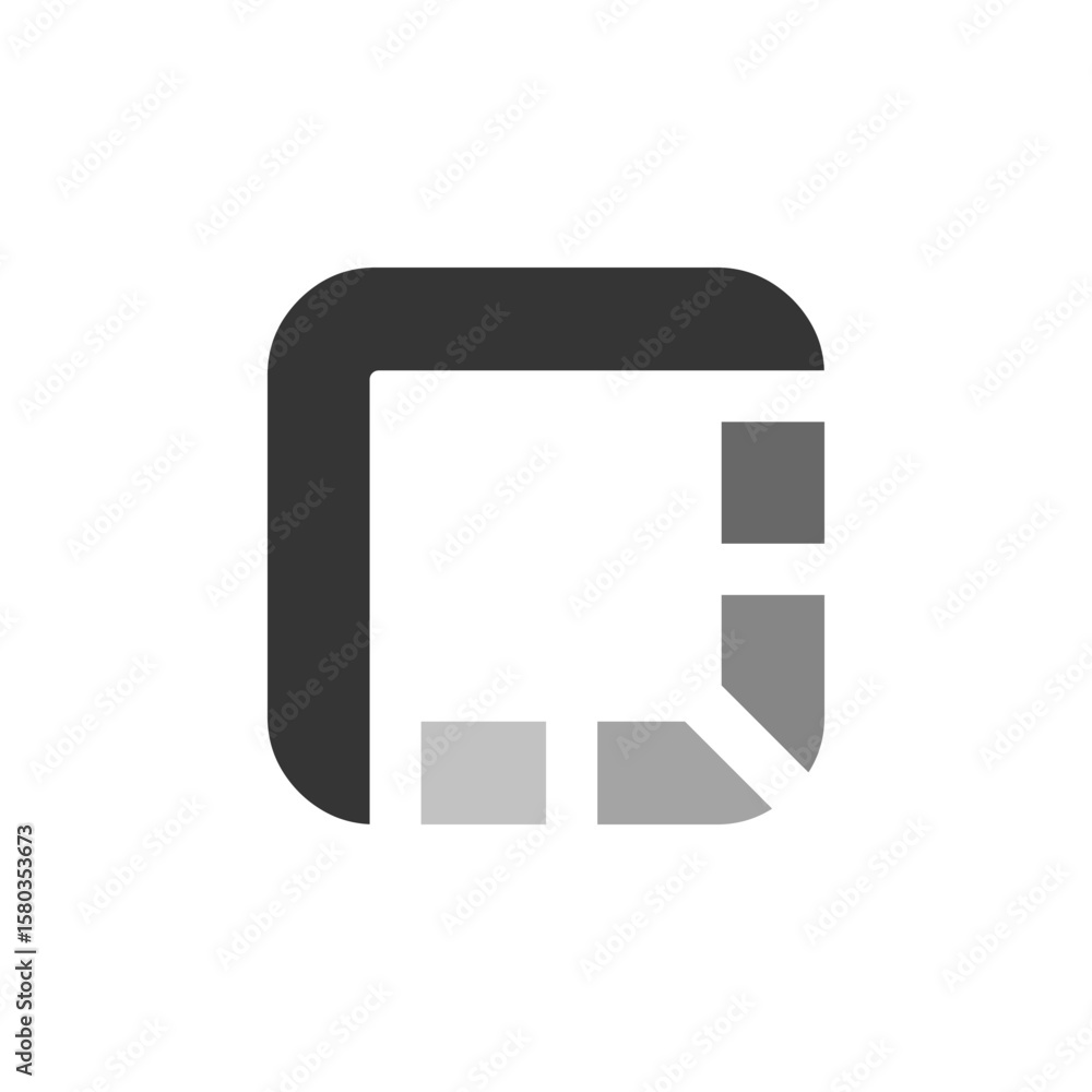 Poster a minimalist logo with a rounded square outline, featuring abstract, segmented shapes in dark gray, 