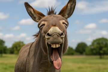 A donkey with its mouth open wide and tongue sticking out is smiling in a field on a sunny day