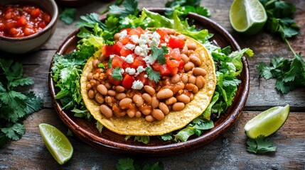 Bean tostada with seasoned pinto beans, fresh lettuce, diced tomatoes, and crumbled queso fresco on crispy corn tortilla served on rustic ceramic plate with lime wedges and salsa