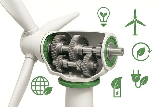 Eco-Friendly Wind Turbine Gearbox with Green Energy Icons – 3D Render on White Background