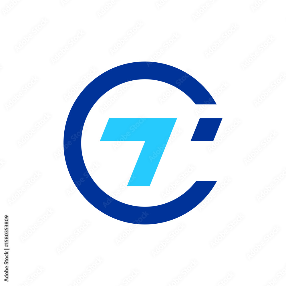 Poster a modern circular logo in dark blue, featuring a stylized light blue 