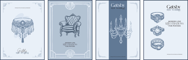 Modern digital illustration - set of 4 editable posters. Aesthetic, whimsical linear composition for wedding designs, stylized for the era of the twenties of the last century in monochrome.