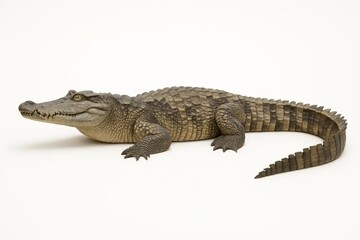 A lone alligator lies in repose on a pristine white surface, its scales shimmering with a natural sheen under the soft light