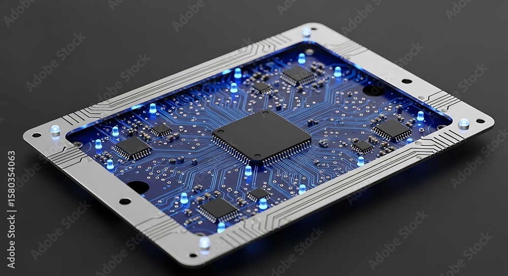 Poster futuristic motherboard: illuminated circuitry and central processor on dark background