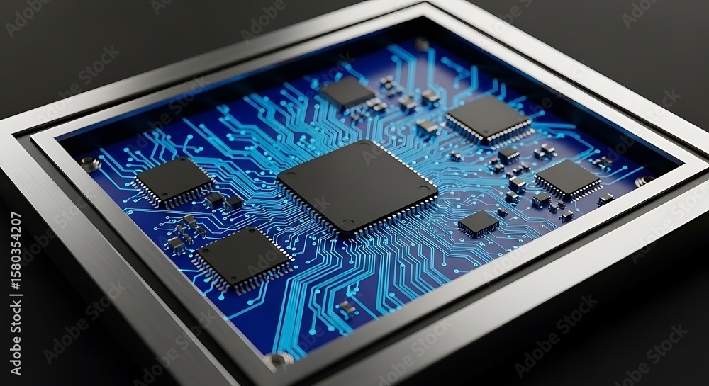 Poster framed microchip: blue circuit board with processors in silver frame